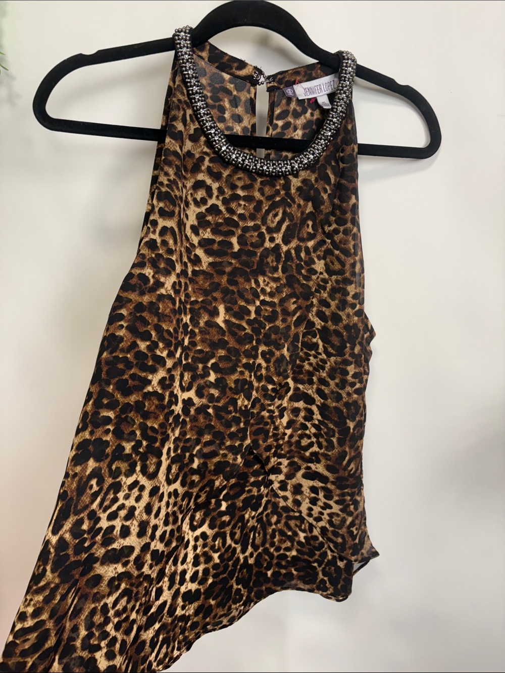 Jennifer Lopez Leopard Print Halter Camisole with Beaded Neckline
